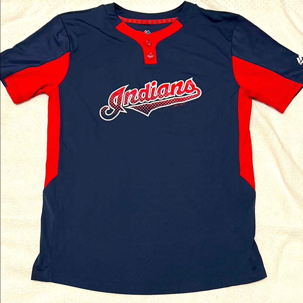 Majestic Cleveland Indians Warmup Shirt youth XL Blue collerless button up
